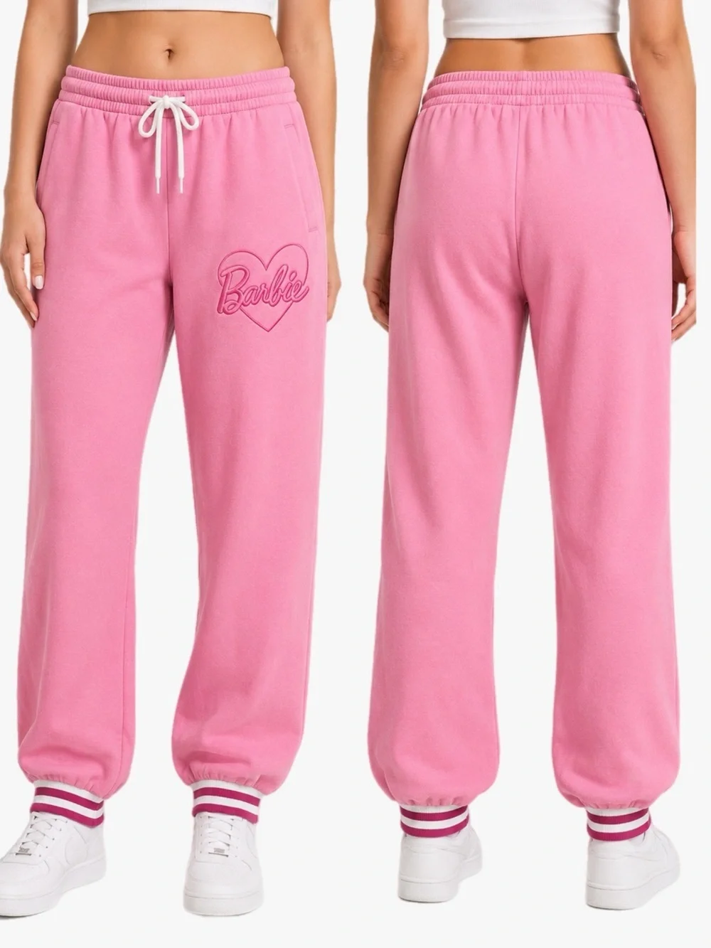 Barbie Pink Fleece Jogger Sweatpants Heart Graphic Stripe Cuff Size Large